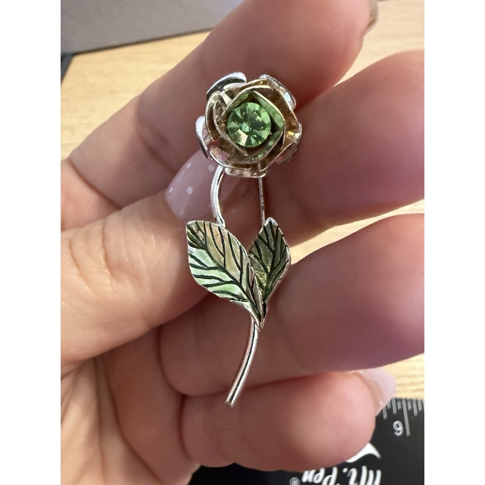 Vintage Avon Silver Tone Rose Pin Green Rhinestone Flower Brooch SH Signed